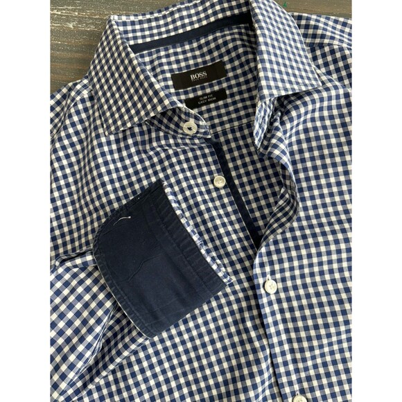 Boss Hugo Boss Slim Fit Easy Iron Blue Plaid Button Up Size‎ 42 - Picture 7 of 8